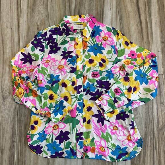 J.Crew Collection 12 Women Spring Silk Floral Button Down Shirt Bold Career - Picture 1 of 7